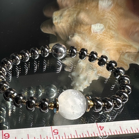 HEMATITE + SELENITE STONES NATURAL BRACELET size 7” - Picture 10 of 12